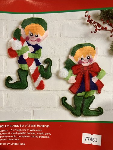 J&L Craft Temptations 2 Jolly Elves Wall Hangings #1222 Plastic Canvas Kit 1991