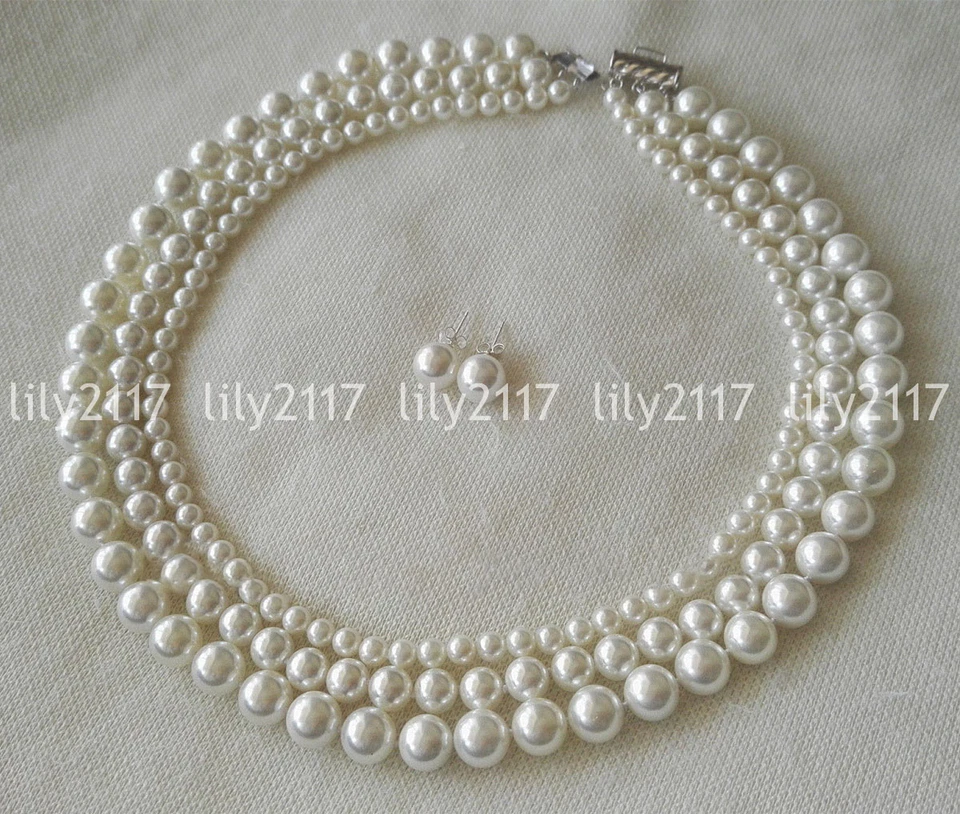 Juego de 3 filas de 6/8/10 mm Mar del Sur blanco concha perlas redondas collar pendientes 17-19" Foto 3 de 3