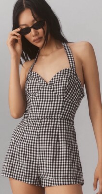 NWT Anthropologie Women's Maeve Halter Gingham Pinup style Romper Coquette SZ 6!