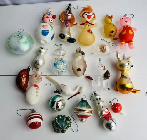 Vtg. De Carlini Christmas Ornaments Lot of 15 Owl, Clown, Pig, Snail, Kangaroo