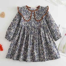 New Girls' Dress Doll Neck Flower Print Dress Girls Long Sleeve Princess Dress