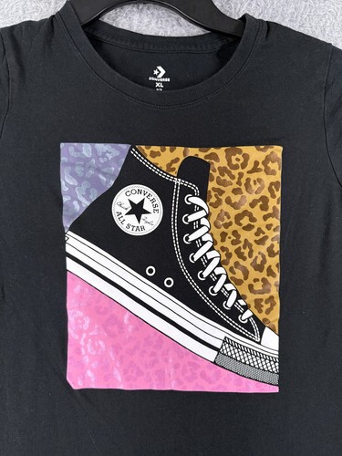 Converse Shirt Girls Extra Large Black Pink Leopard Shoe Tank Sleeveless Skate - Picture 6 of 15