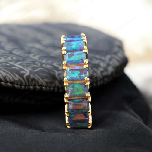 925 Sterling Silver 6x4 mm Baguette Shape Natural Opal Ring Yellow Gold Plated - Picture 5 of 7