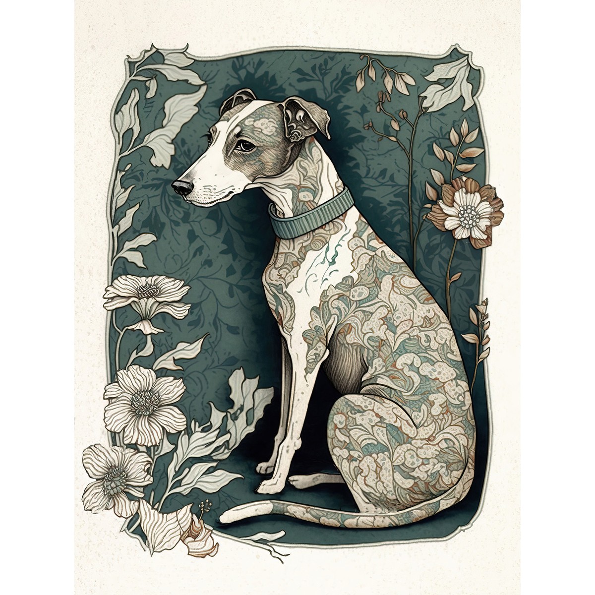 Whippet Dog Floral Pattern Fur Art Nouveau Huge Wall Art Print
