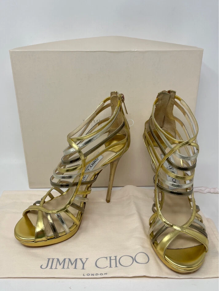 JIMMY CHOO Women Size 6 GOLD SILVER Leather Virginia Cage Sandal
