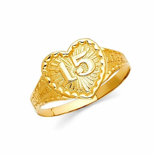 14k Yellow Gold Sweet 15 Años Quince Ring Heart Quinceañera Corazon Oro