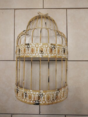 Large White Yellow Gold Black Bird Cage Metal Wall Decor 