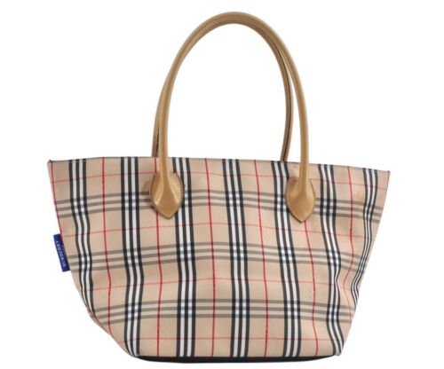 Authentic BURBERRY BLUE LABEL Check Shoulder Hand Bag Canvas Leather Beige 2904M