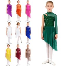 Kids Girls Lyrical Dance Dress Side Split Skirted Leotard Mock Neck Mesh Ballet