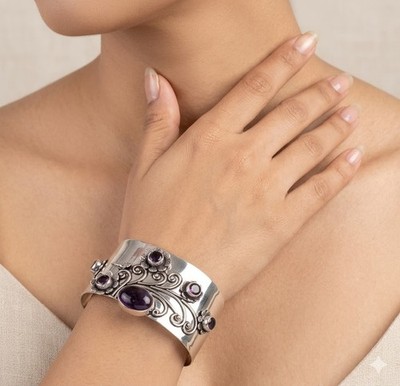 925 Sterling Silver Purple Amethyst Gemstone Jewelry Cuff Bracelet Size-ADJ''