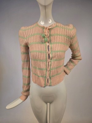 1930 S PINK & GREEN HAND KNIT MERINO WOOL SWEATER W POM POM TIES + PRESSED GLASS