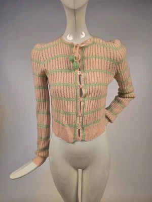 1930’S PINK & GREEN HAND KNIT MERINO WOOL SWEATER W POM POM TIES + PRESSED GLASS - Image 1 of 4