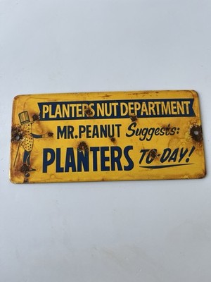 Vintage Pflanzgefäße Nussabteilung Mr. Peanut Original Porzellan Blechschild
