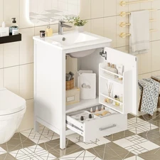 20" Bathroom Vanity w/Ceramic Sink, Freestanding Vanity Cabinet, Drawer, Shelves