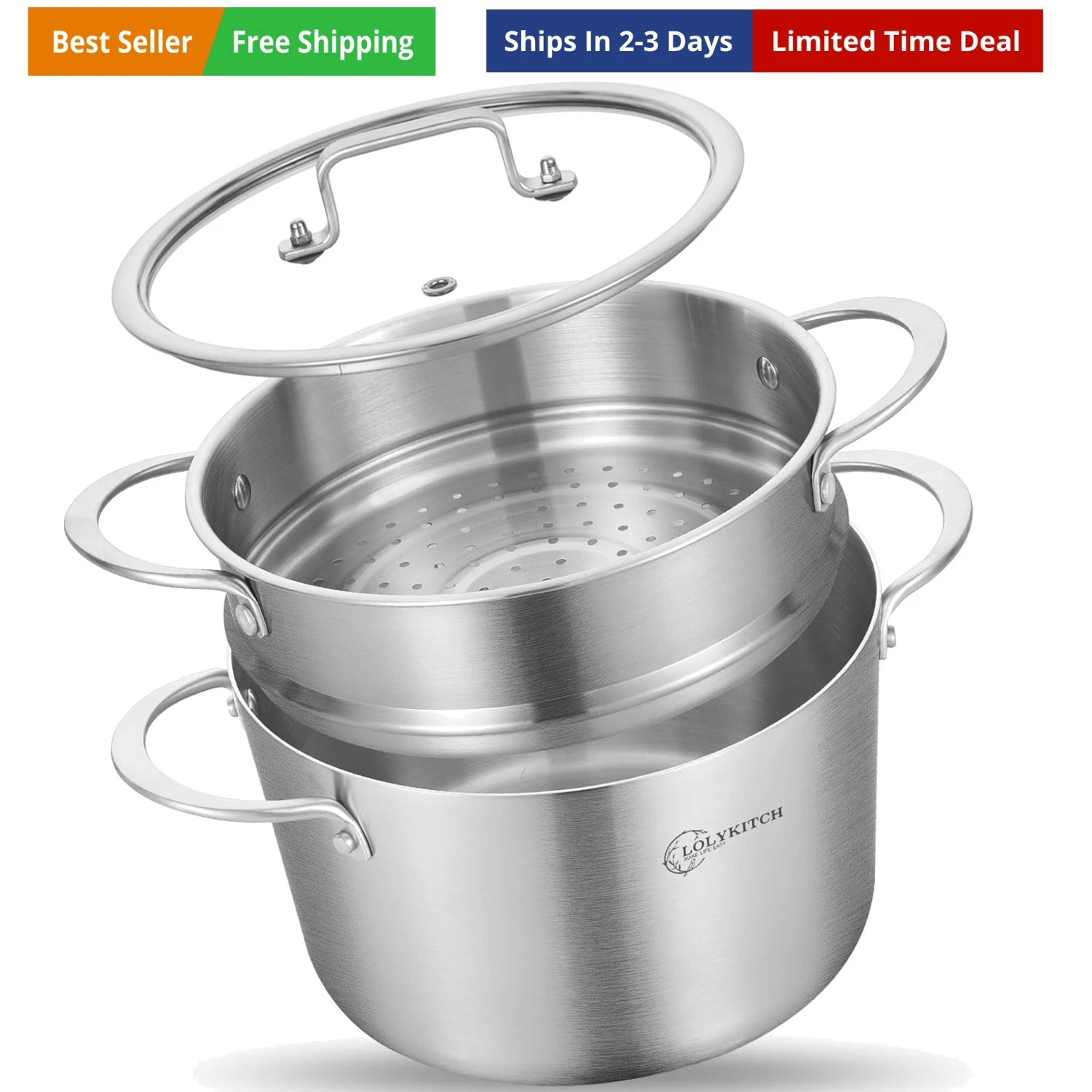 Tri-ply Stainless Steel 3 QT Stock Pot with Lid and Steamer,Induction Cooking...