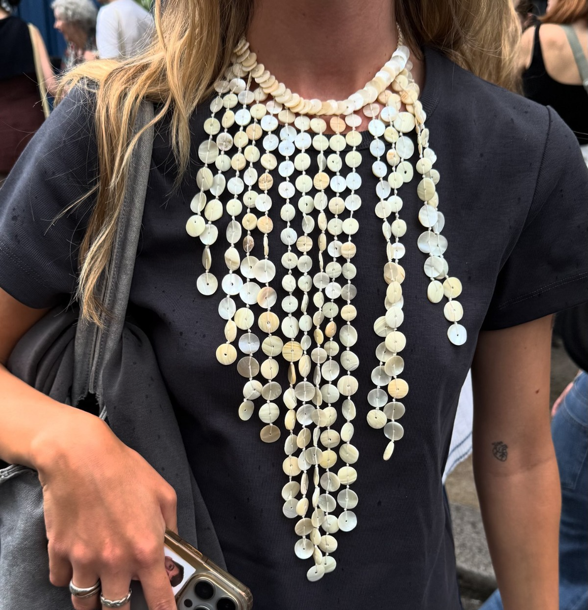 Zara Pearlescent Shell Waterfall Bib Necklace Ecru Cream White