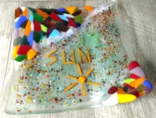 Fused Art Glass Square Sun Dish Stunning Colors Confetti Design, Colorful 5.75" 