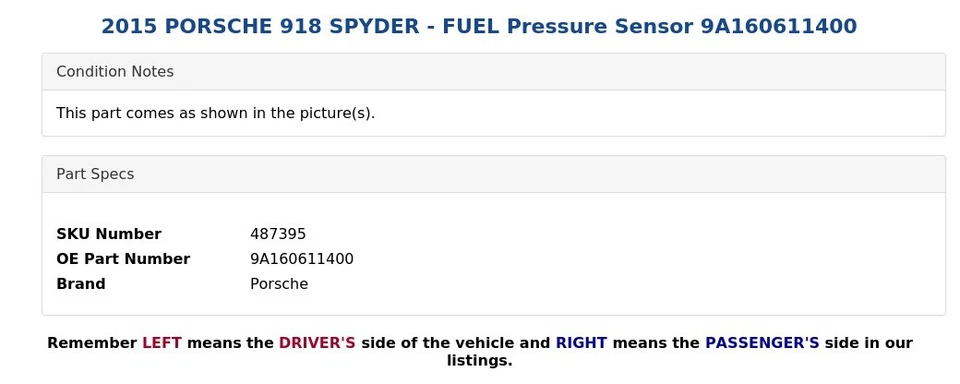 Porsche 918 Spyder 2015 - Sensor de presión de combustible 9A160611400 Foto 4 de 4