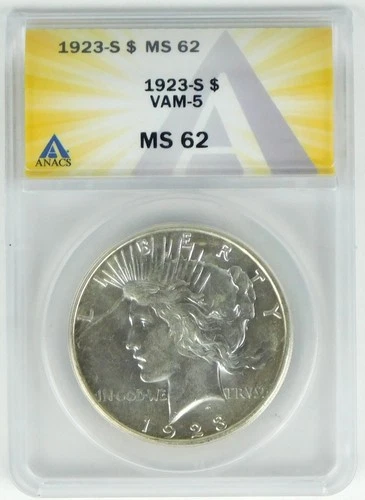 1923-S $1 Peace Silver Dollar VAM-5 ANACS MS62 BU+ Coin C4295