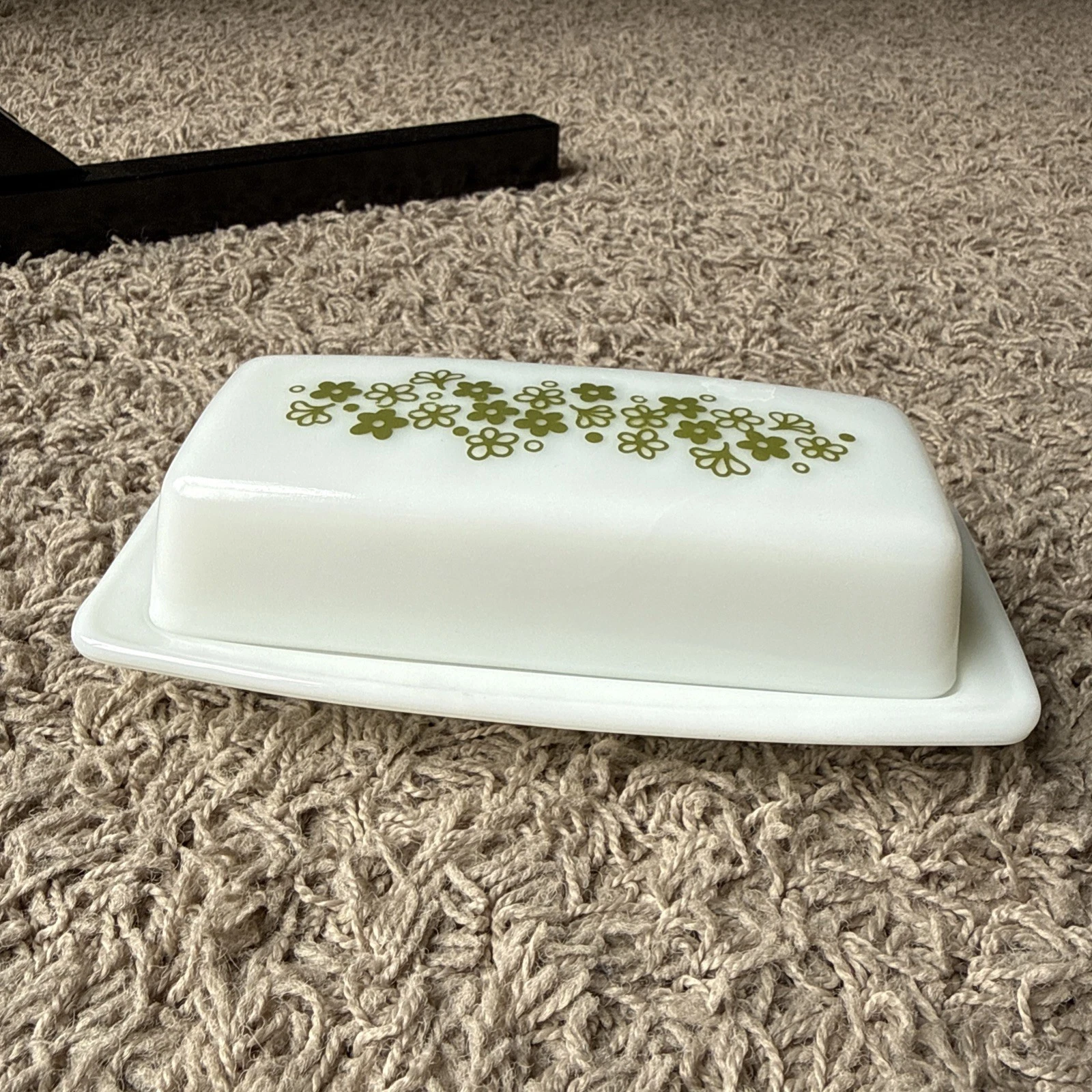 Vintage 70's Pyrex Green Spring Blossom Crazy Daisy 7 inch Butter Dish- USA