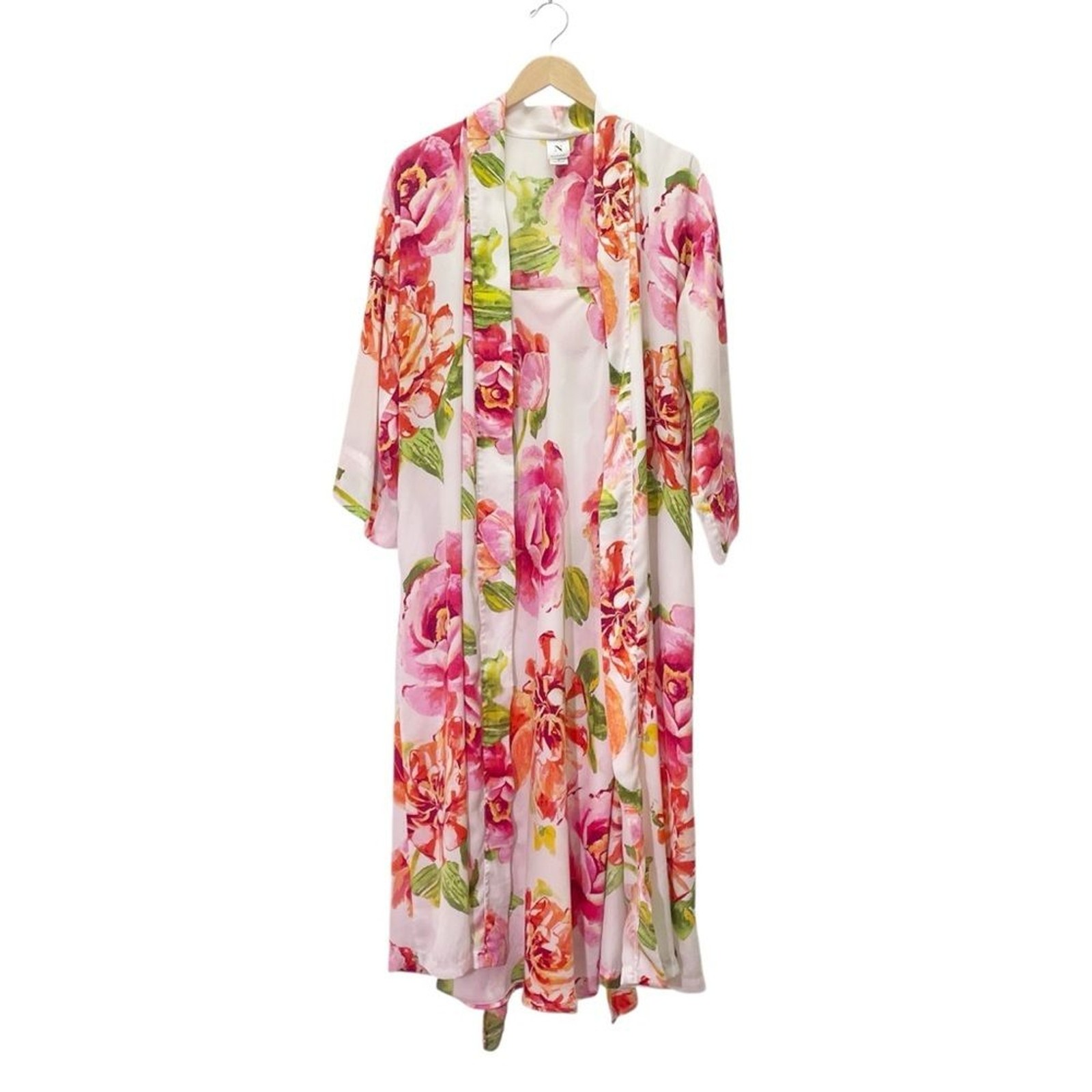 Natori South Pacific Floral Robe & Slip Nightgown Set Pink Orange Ivory Size S M