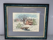 Framed Winter Needlepoint Scene with Green  Gold Trim 11"x9"