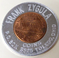 encased penny 1964 FRANK ZYGULA COINS Toledo Ohio mt1