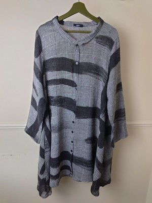 Ralston Brushstroke Tunic Jacket Grey Check Pockets Size Large Oversized Linen