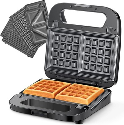 3-in-1 Waffle Grill & Sandwich Maker Panini Press Grill Waffle Iron Set W/Plates