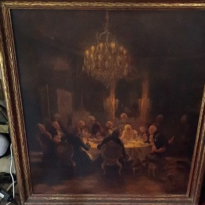 Framed Realism Oil Painting on Canvas   Group Dinner Scene Under Chandelier
