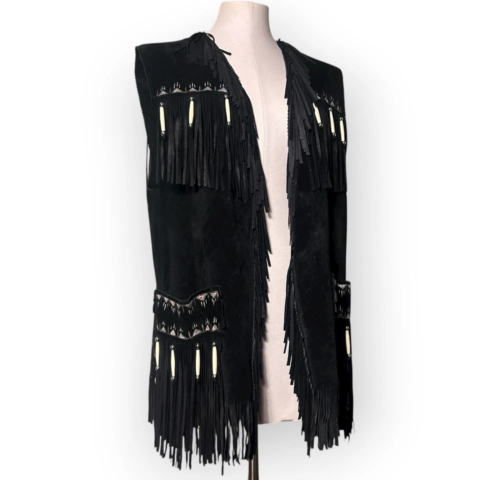 Vintage Patricia Wolf Vest Womens Large Black Suede Hand-Painted Fringe Leather - Image 2 of 4