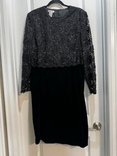 TALBOTS Black Evening Lace/Velvet Dress Sz16 Round Neck Long Sleeve Beaded Lined