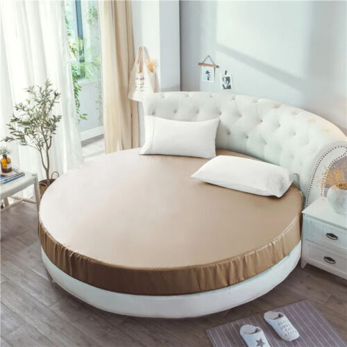 Elastic Round Fitted Sheet Soft Silky Satin Solid Color Bedspread Mattress Cover - Picture 8 of 37