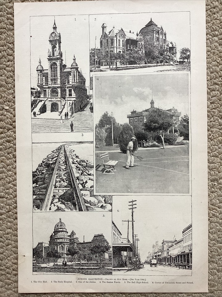 1890s GALVESTON TEXAS JETTIES CITY HALL BALL HIGH SCHOOL TENNIS SEALY