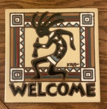 Earthtones Ceramic Tile Kokopelli Welcome Trivet 5 7/8" Square Glazed VTG EUC