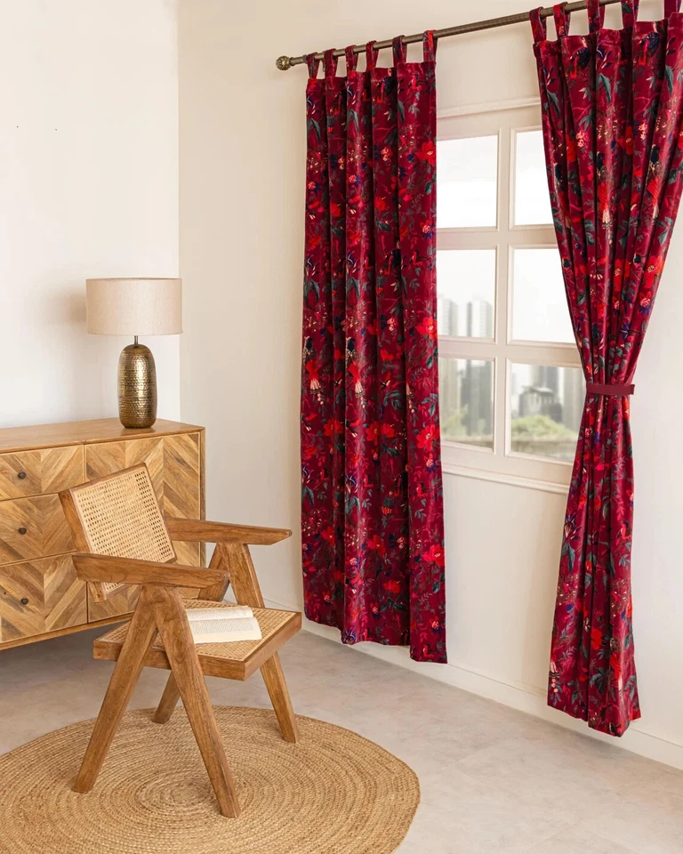Cortina de Terciopelo Estampado de Pájaros Color Rojo, Cortina Boho, Cortinas de Ventana de Lujo Foto 2 de 4