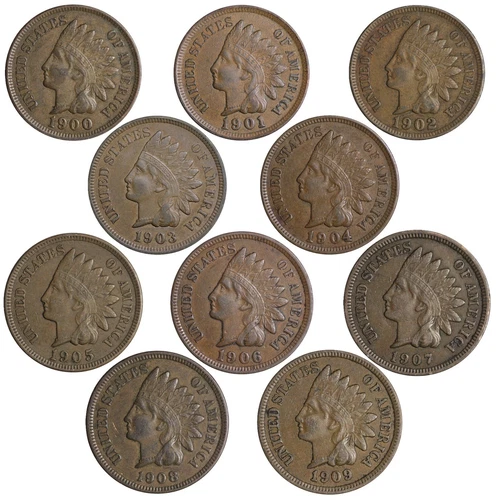 10 PC. LOT 1900 - 1909 Short Set Indian Head Cent Penny VF / XF HIGHER GRADE