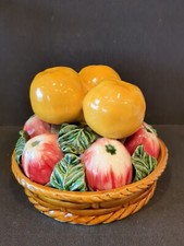 LARGE VINTAGE A BAIAIRA ? PORTUGESE CERAMIC GLAZED FRUIT IN WOVEN FRUIT BASKET *