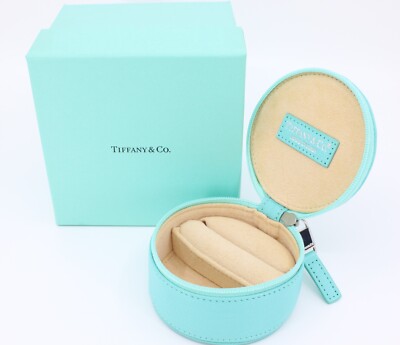 Tiffany Round Leather Travel mini Jewelry Box Case W/BOX