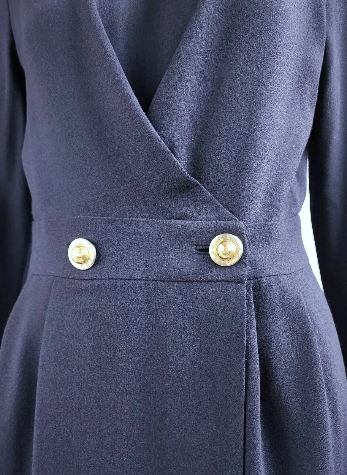 Abito vintage Celine Paris anni '90 lana blu navy crepe con bottoni con logo