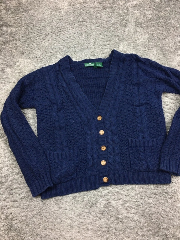 Cárdigan suéter Cabin Creek para mujer talla pequeña azul lino algodón botón Foto 3 de 4