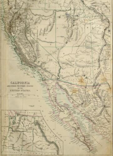 1865 ANTIQUE MAP CALIFORNIA WESTERN UNITED STATES UTAH ARIZONA SALT LAKE CITY - Afbeelding 1 van 5