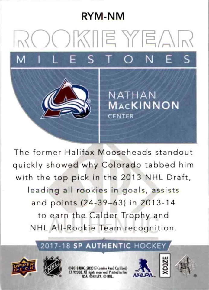 2017-18 Upper Deck SP Authentic Rookie Year Milestones Nathan MacKinnon #RYM-NM - Image 2 of 2