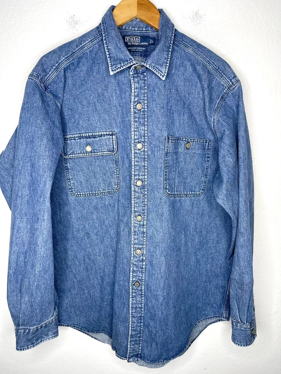 Polo Ralph Lauren Large Blue Shirt Jacket RRL Dungaree Work Chore XL Metal VtG