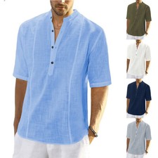 Men's Linen Cotton T-Shirt Short Sleeve Beach Casual Pullover Blouse Tees Tops
