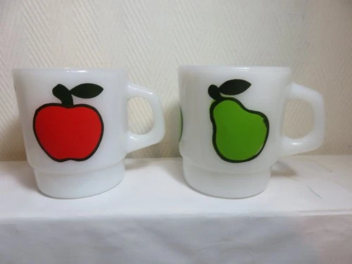Vintage Fire King  apple and pear colorful milk glass mugs