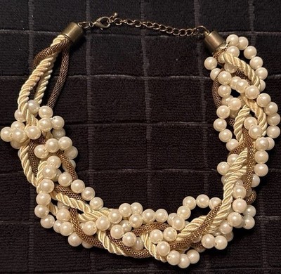 Vintage Multi-Strand Pearl Statement Necklace Neutral Elegance Twisted Mesh Cord