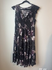 Torrid Black Floral Smocked Midi Dress Size 1 Flutter Sleeve Button Front