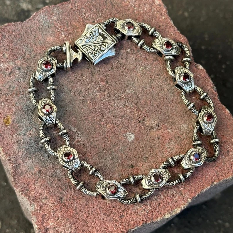Men Silver Ruby Hand-Engraved Bracelet, Red Ruby Gemstone Chain Bracelet - Image 3 of 4