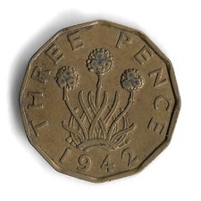 1942 UK Britain 3 Pence World Coin - KM# 849